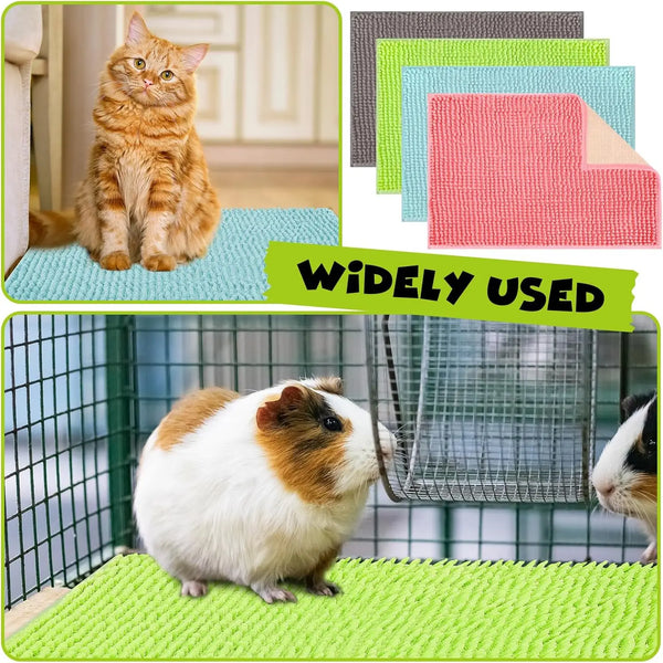 A set of four colorful washable fleece cage liners for small pets displayed next to a cat and a guinea pig.