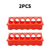 Two red double-sided 12-hole poultry feeders for quail, chicks, and small birds