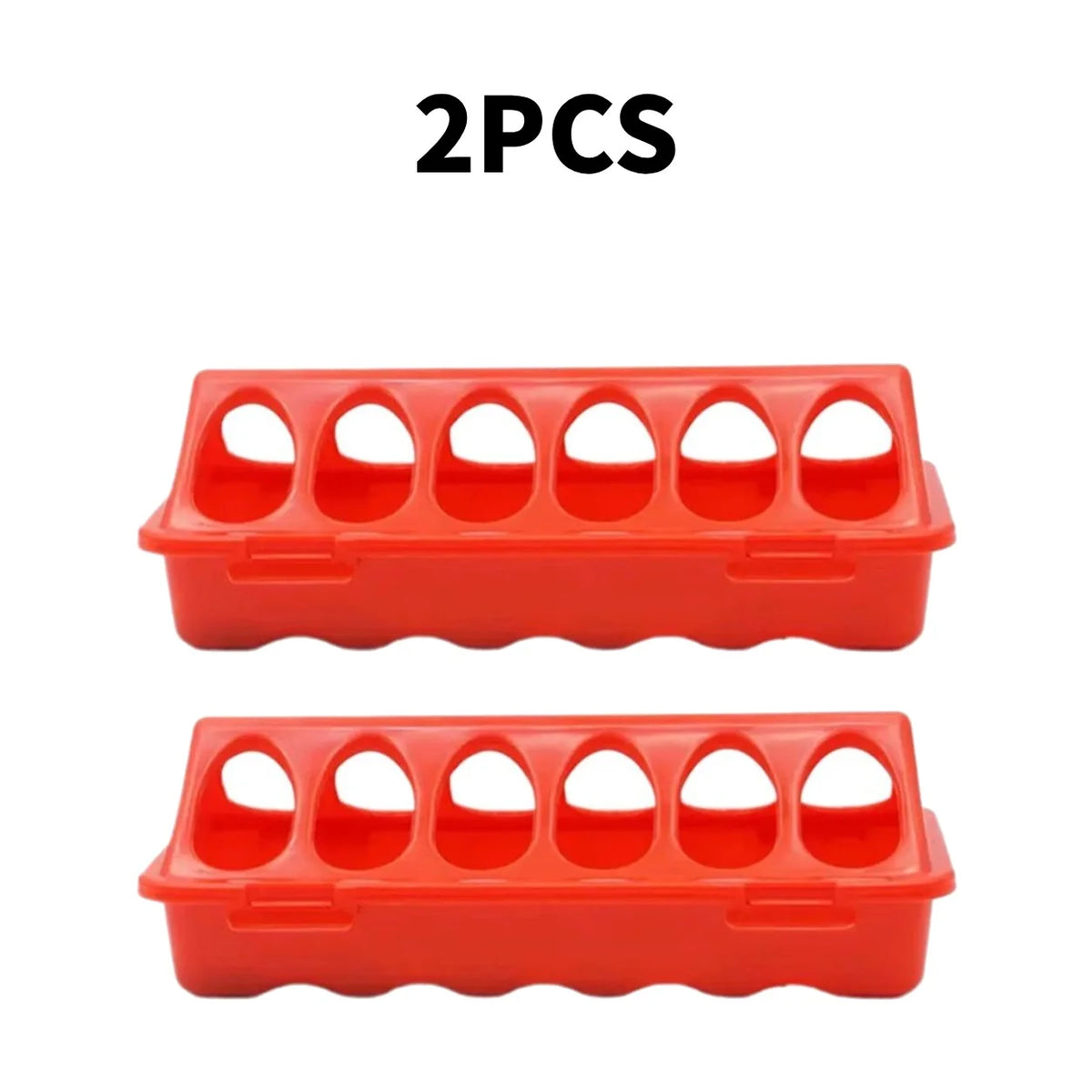 Two red double-sided 12-hole poultry feeders for quail, chicks, and small birds