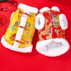 A pair of Chinese style tang suit dog coats in red and gold with white faux fur trim.