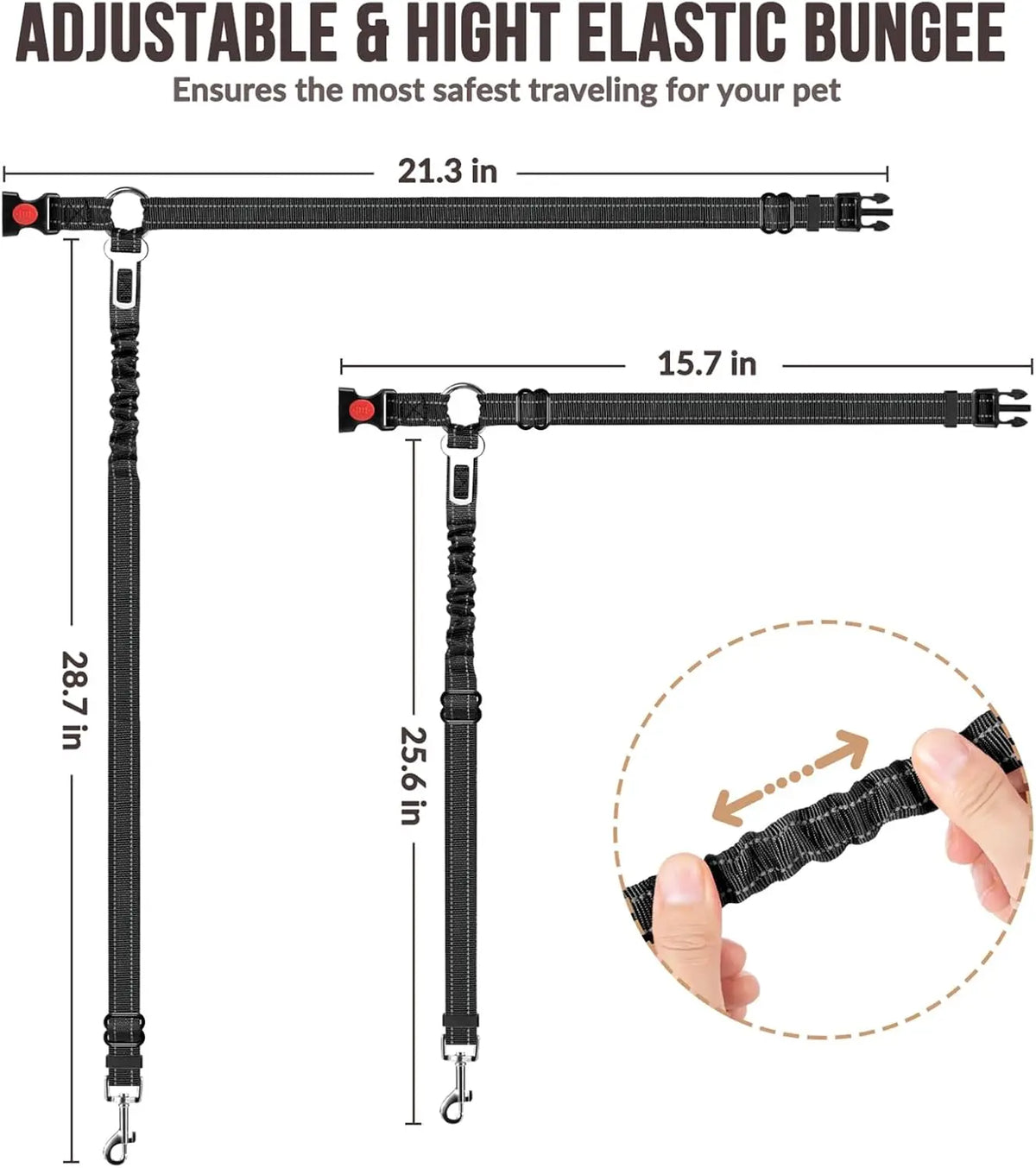 Adjustable Dog Car Seat Belt with Elastic Bungee and Reflective Stitching