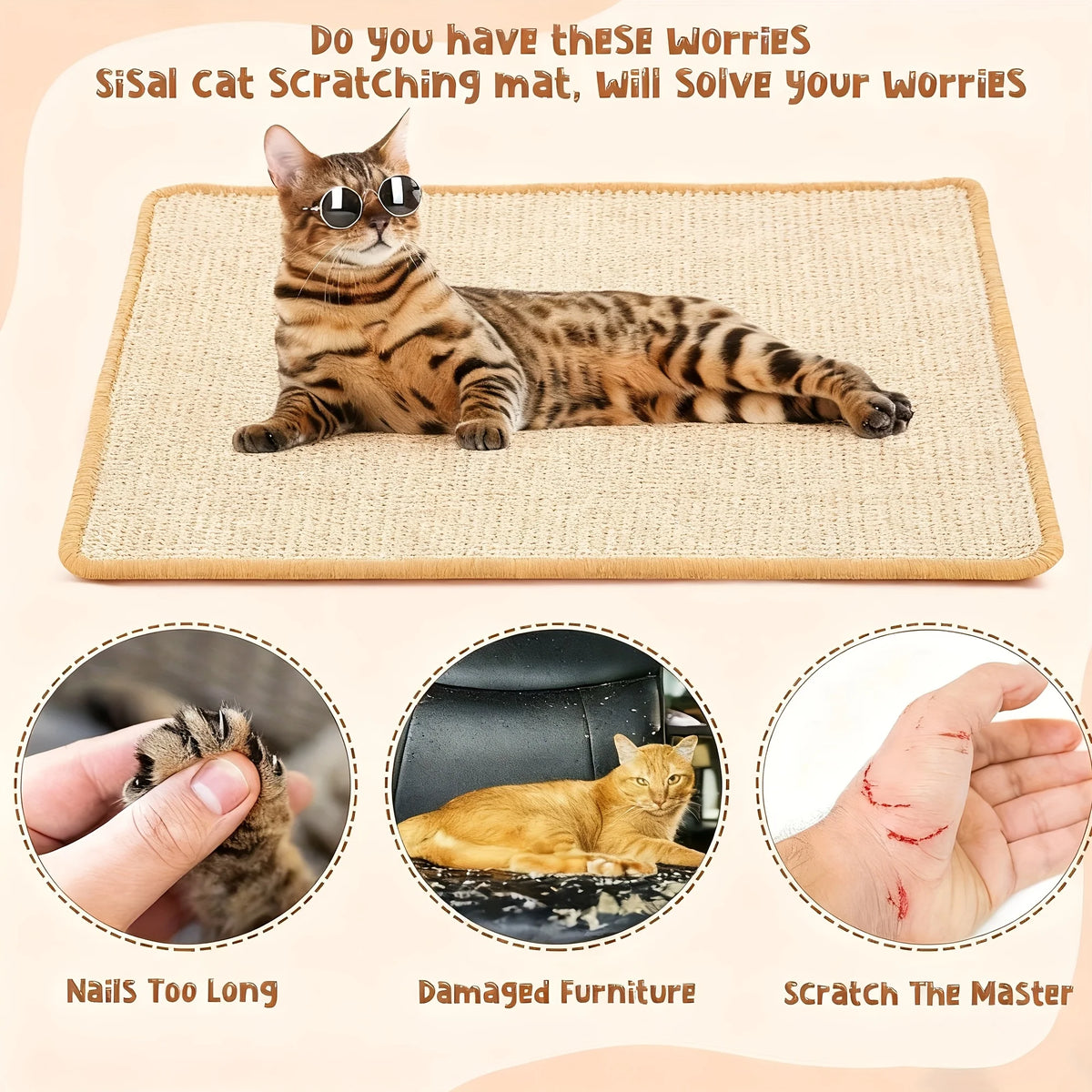 A tabby cat lying on a natural sisal scratching mat, demonstrating its use for cat scratching.