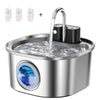 Stainless steel pet water fountain with a sensor flow mechanism pouring water into the basin