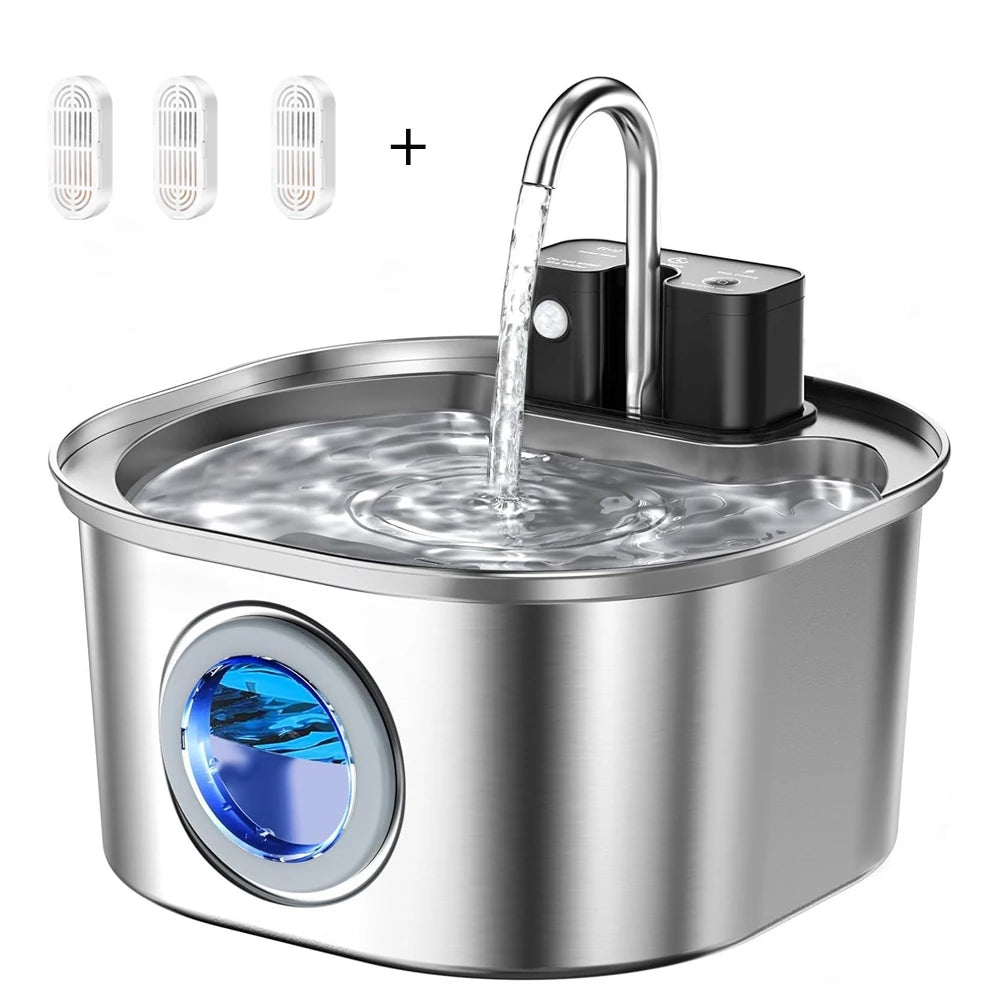Stainless steel pet water fountain with a sensor flow mechanism pouring water into the basin