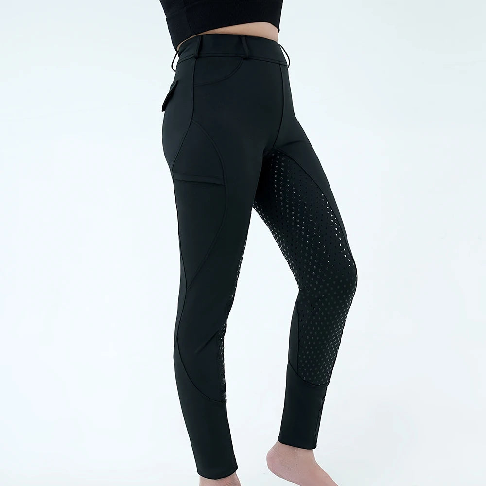 Black women's full-seat riding breeches with mesh paneling