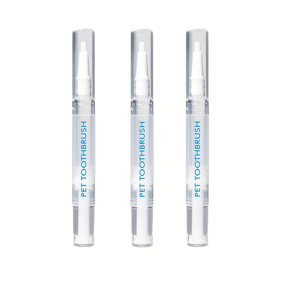Three clear dental cleaning pens for dogs with white tips and blue text labels