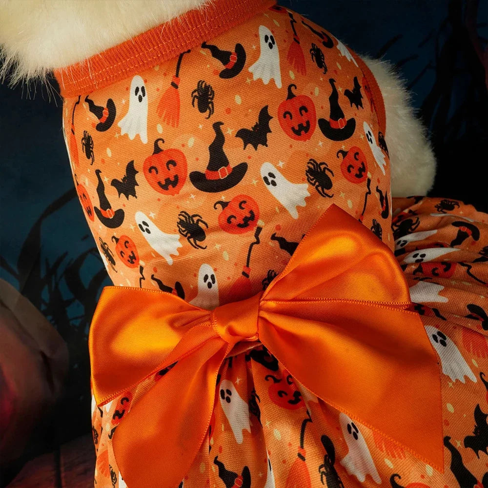 Halloween Dog Dress with Pumpkin & Bat Print