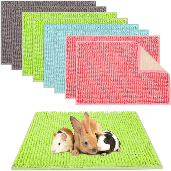 A set of four colorful washable fleece cage liners for small pets, including pink, light blue, lime green, and a bright green