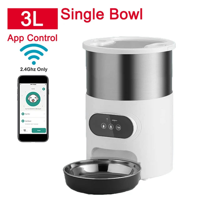 Dispensador automático inteligente para mascotas con cuenco de acero inoxidable