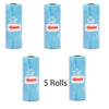 Five rolls of blue reusable pet poop bags with white paw prints and red arrows on the front