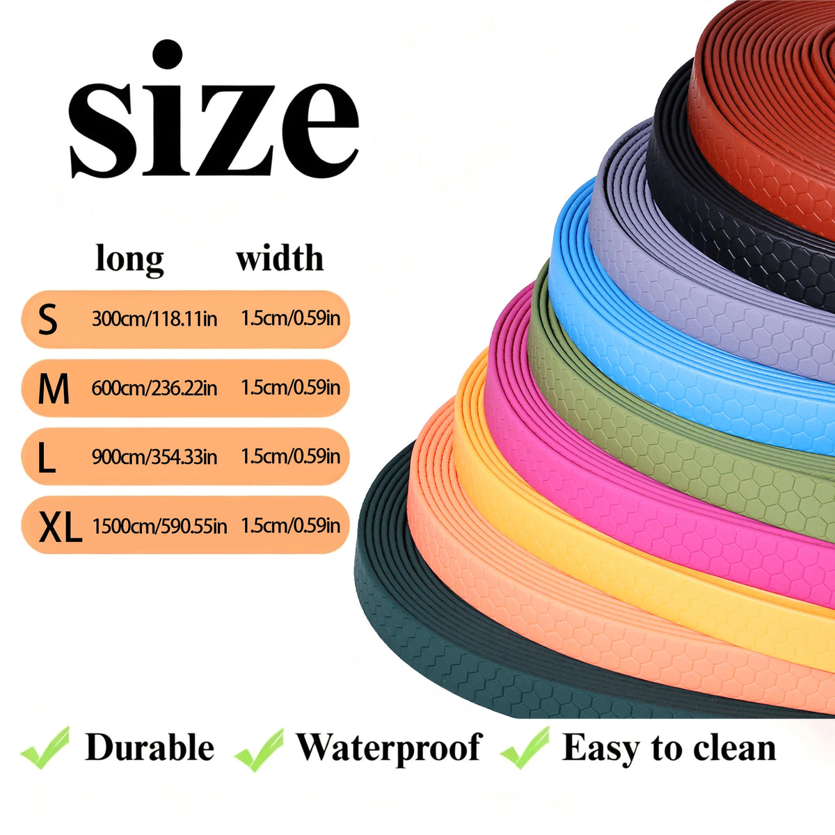 A variety of colored durable waterproof dog leashes are shown with size options S to XL.