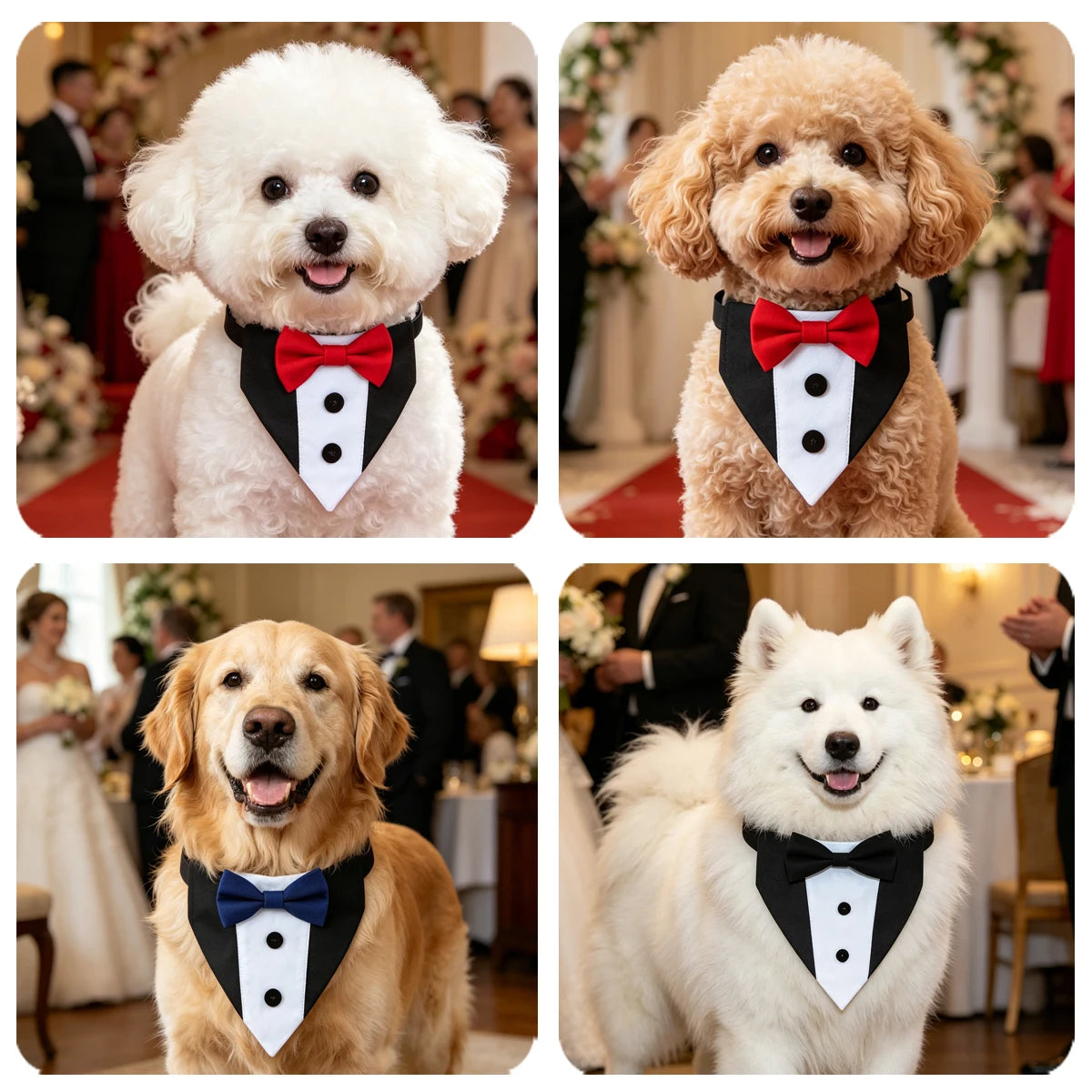 A collection of dogs wearing elegant pet wedding collars with bow tie bandanas.