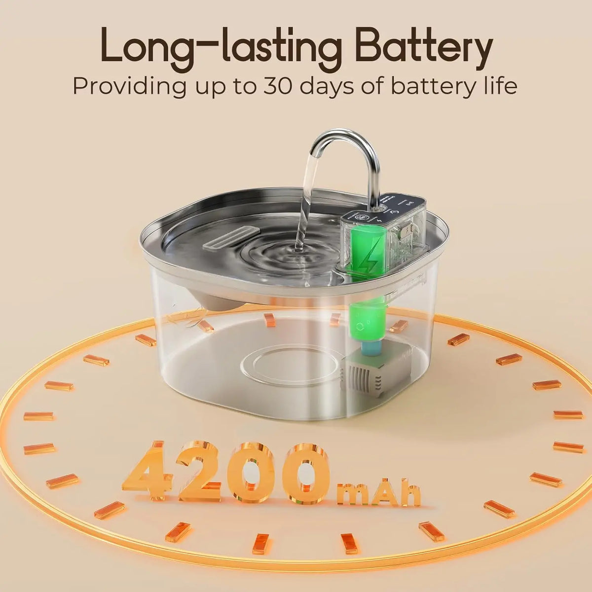 A stainless steel pet water fountain with a sensor flow device is shown on a circular base.