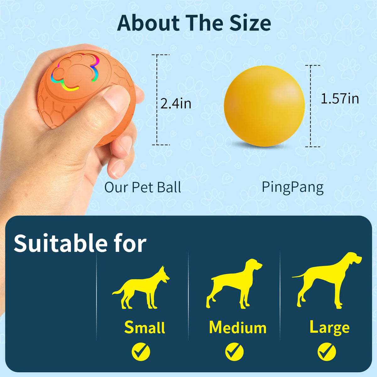 Vergleich der Größe eines Hundeballs, PingPong, und Eignung für kleine, mittlere und große Hunde.