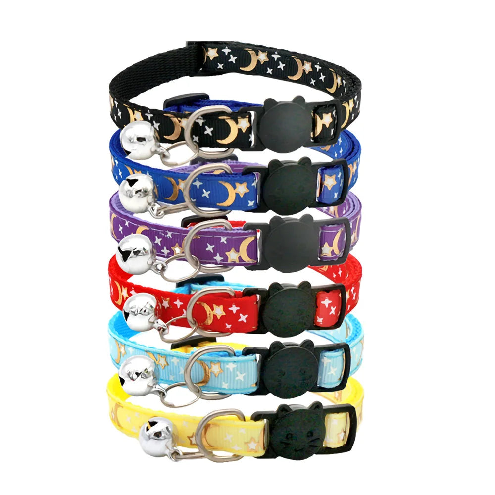 Celestial Star and Moon Cat Collar with Reflective Buckle and Bell