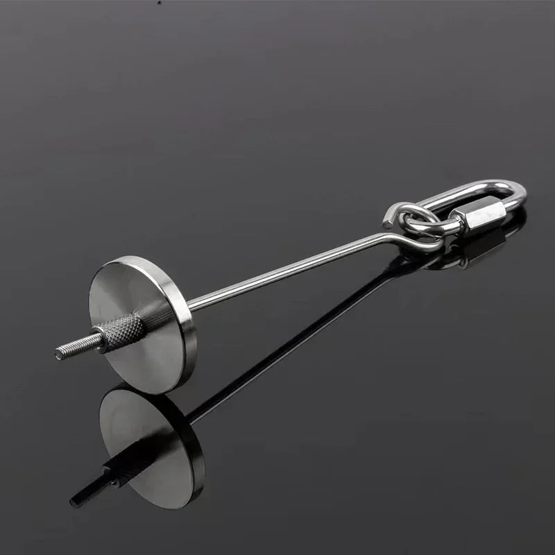 Stainless steel bird feeder fork for parrots with a metal chain and a round feeding disc.
