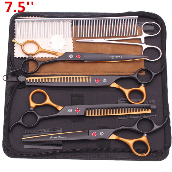 A black case containing professional stainless steel pet grooming scissors and combs.