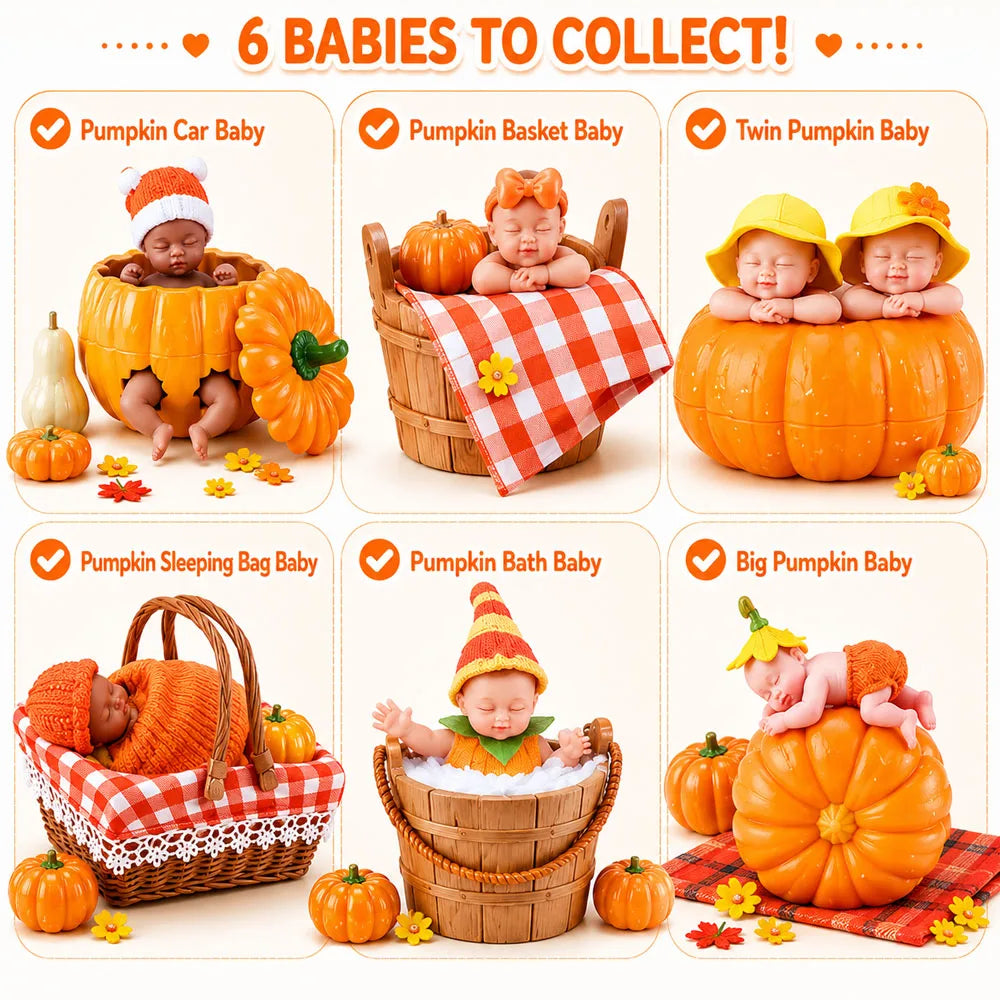 Six adorable baby pumpkins to collect featuring various pumpkin themed dolls and accessories.