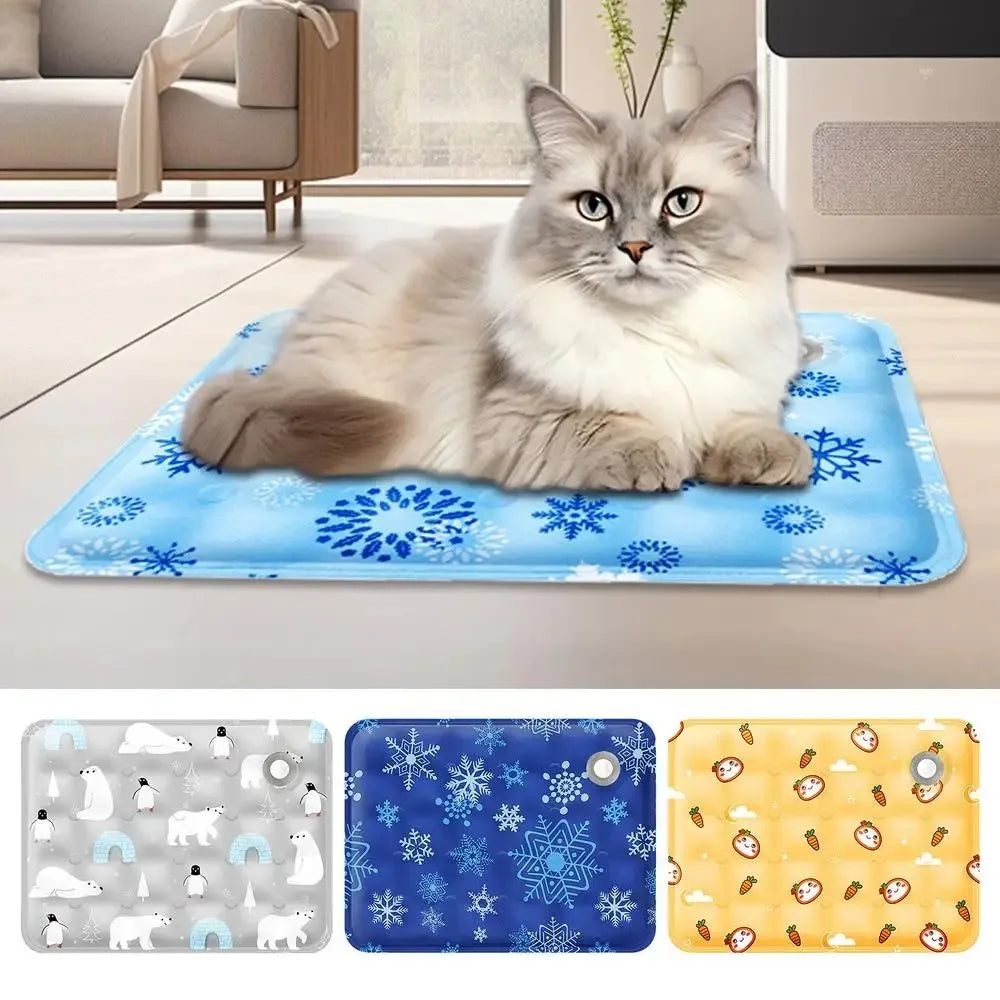 Un ensemble de tapis de refroidissement en gel silicone pour animaux de compagnie, avec des motifs de flocons de neige bleus,