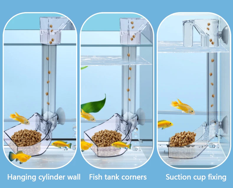 Diagrams showing different methods for fish feeding: hanging cylinder wall, fish tank corners, and suction cup fixing.