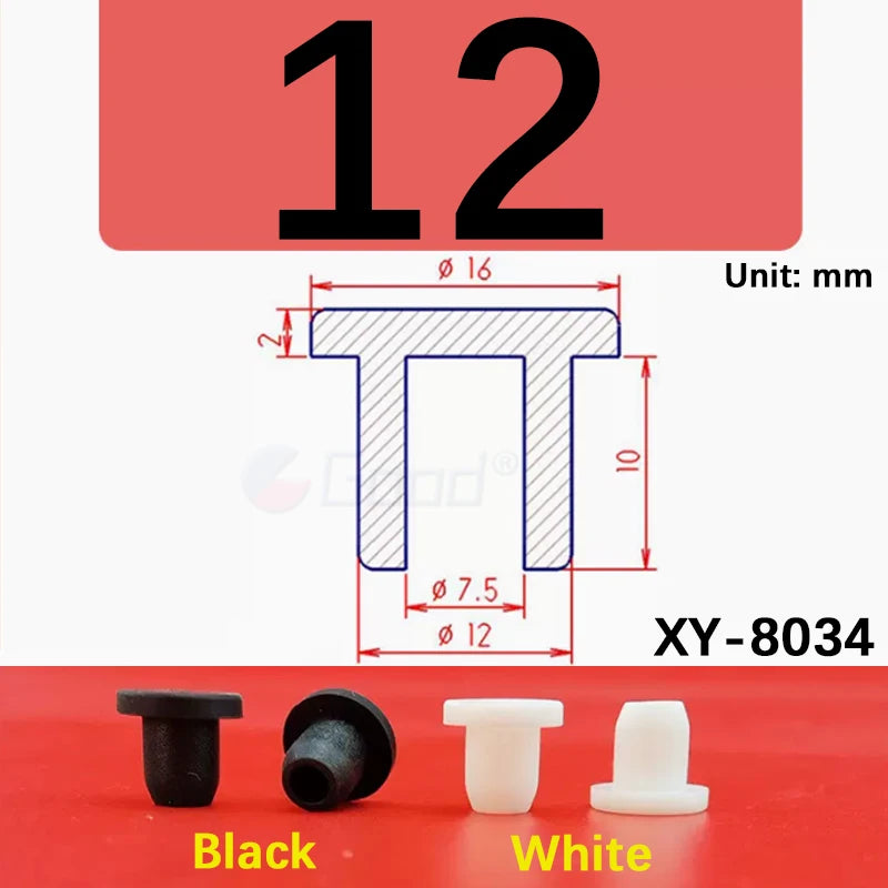 Black and white silicone rubber hole plugs shown next to the product number XY-8034
