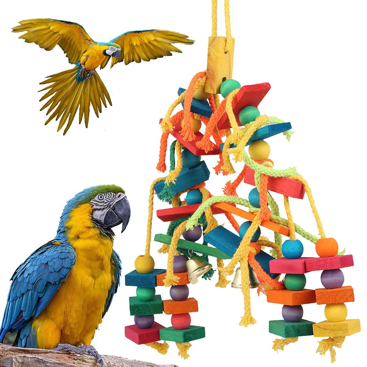 Colorful Wooden Bead and Rope Parrot Chew Toy with Hanging Hook