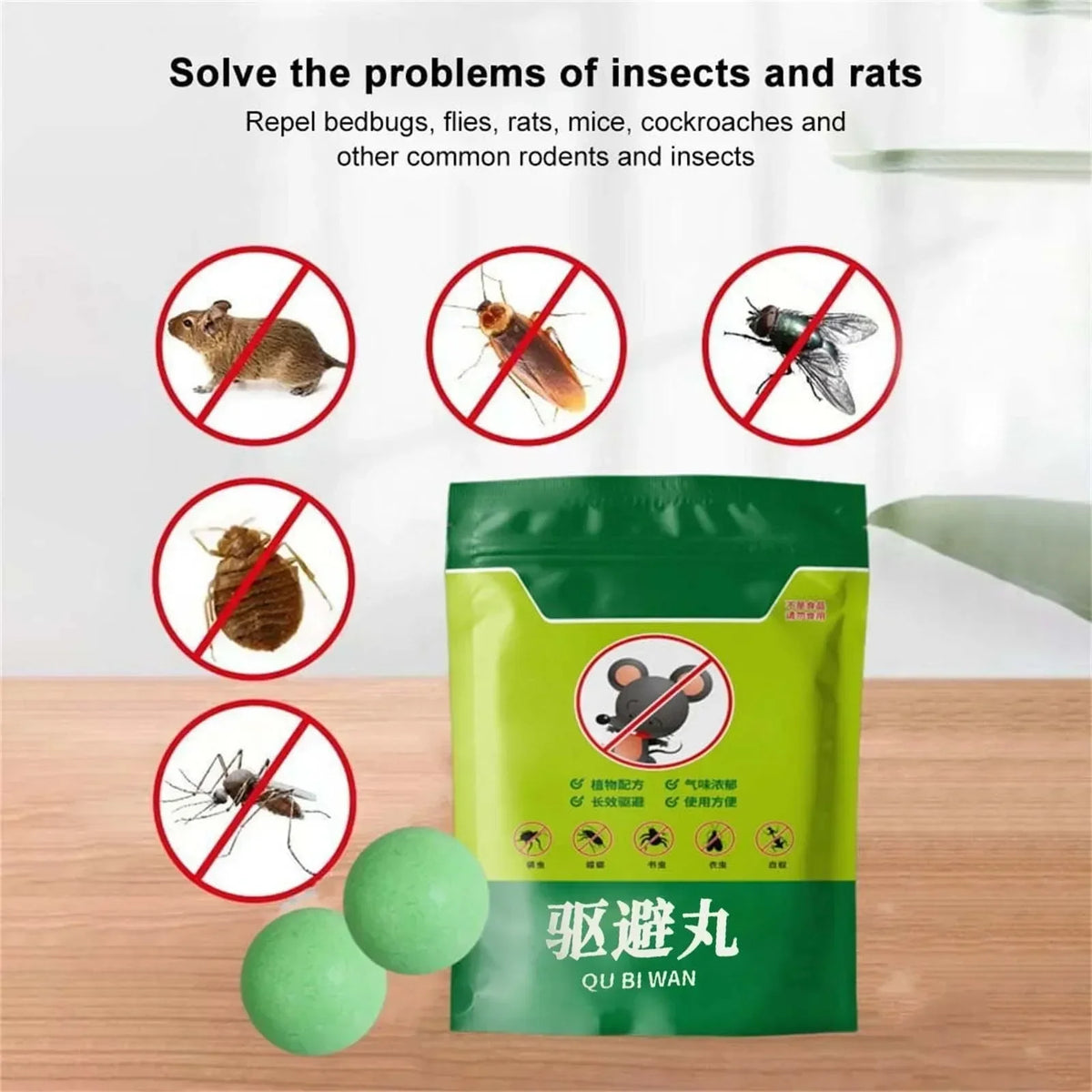 Green packaging for insect and rat repellent balls with illustrations of pests.