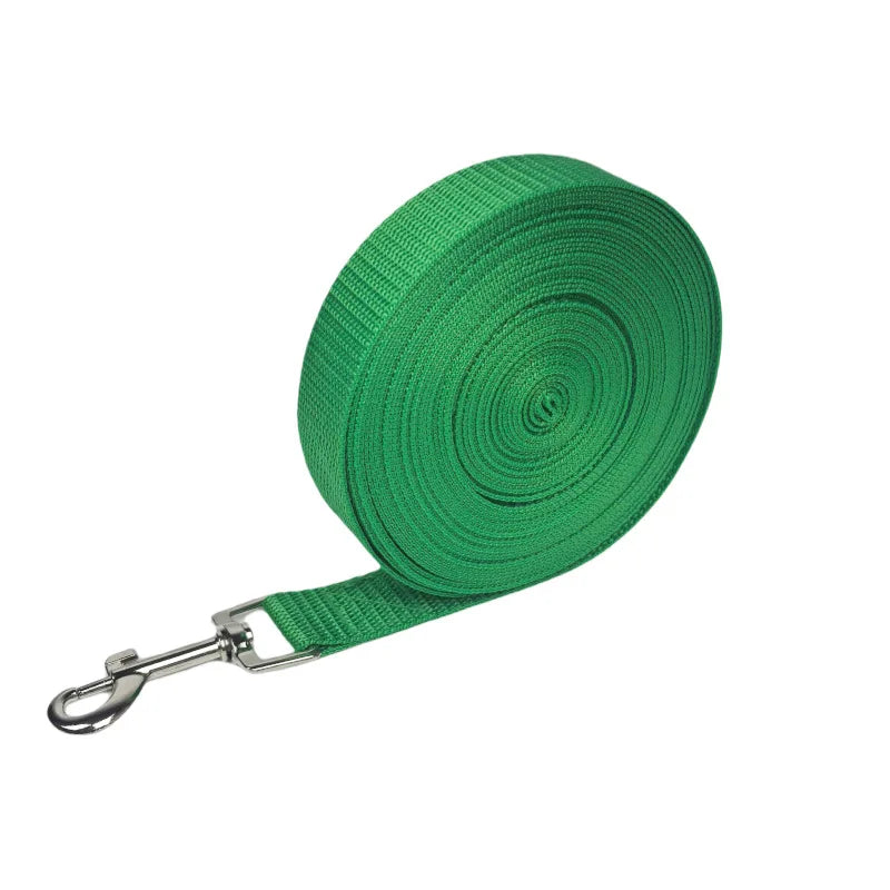 Green nylon dog leash rolled up, showing the strap and clip.