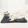 A fluffy white dog lies on a dark gray pet blanket in a bright, soft-lit room.