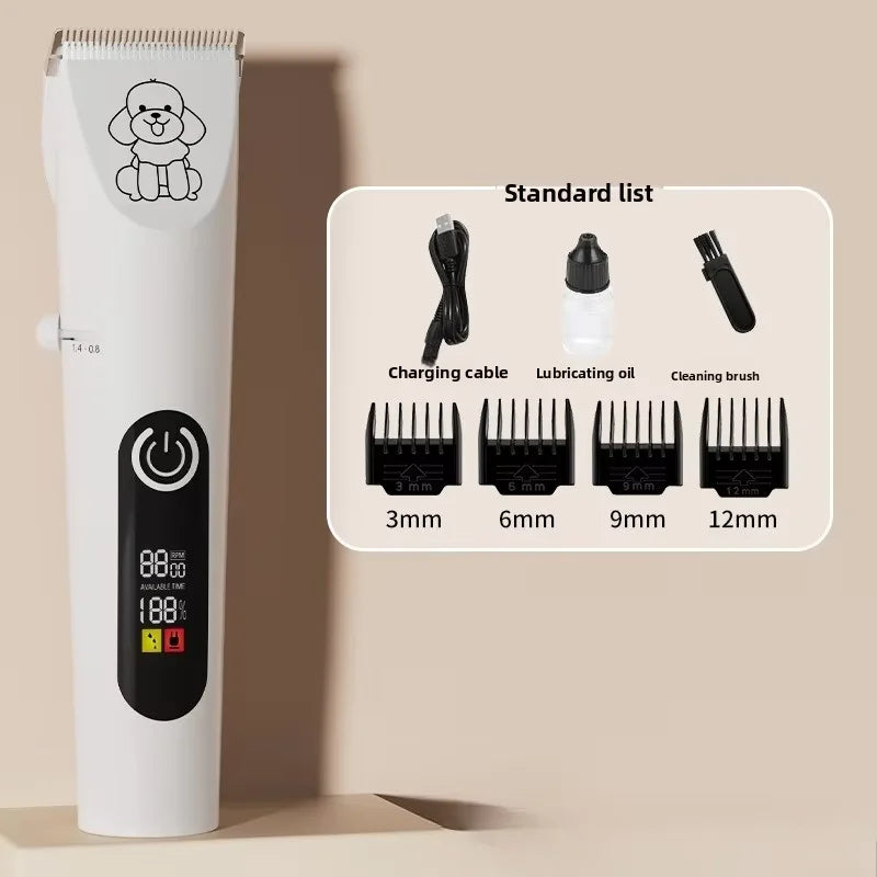 A white pet hair clipper grooming kit with various attachments including a charging cable, lubricating oil, and cleaning brus