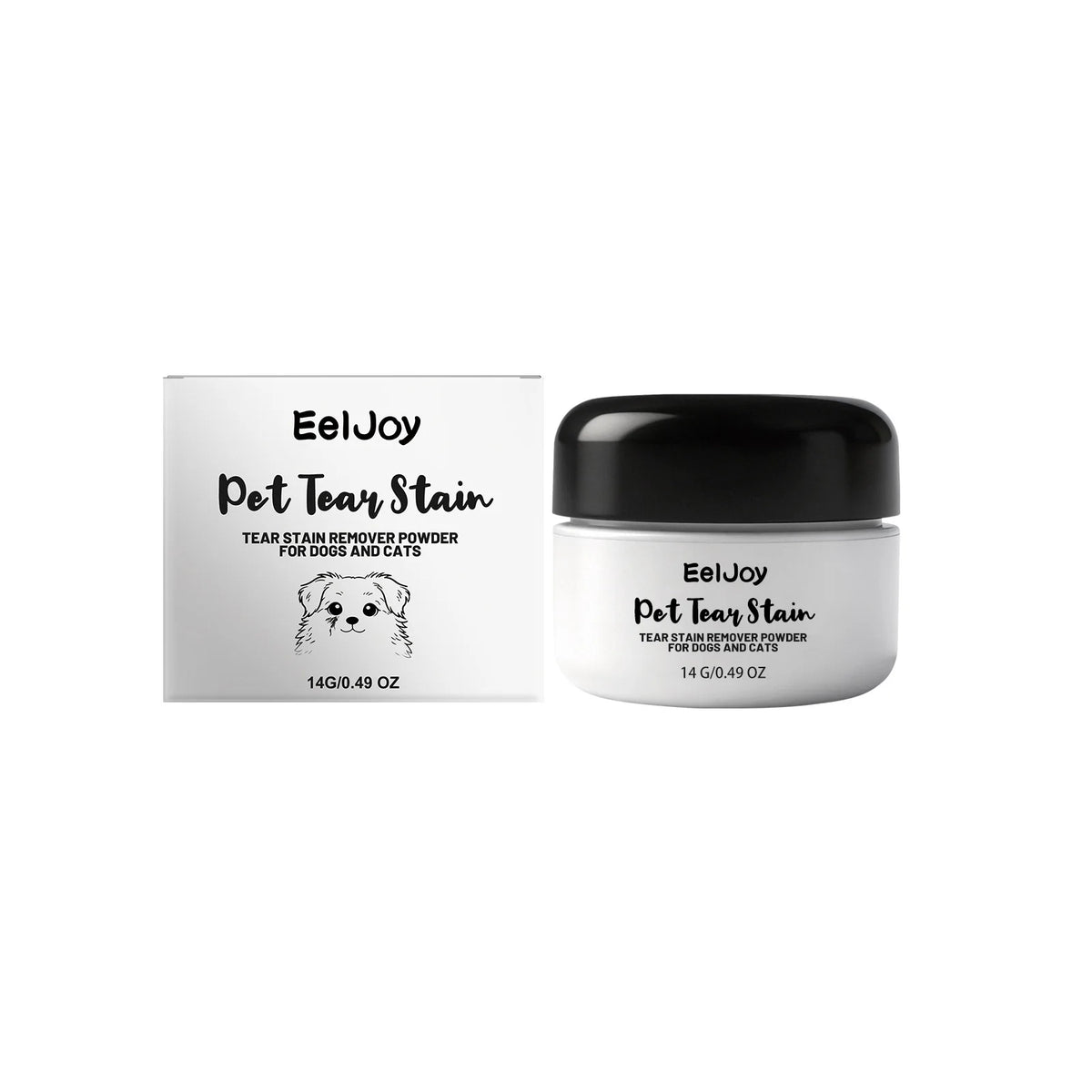 A jar of EelJoy Pet Tear Stain Remover Powder for dogs and cats with a black lid.