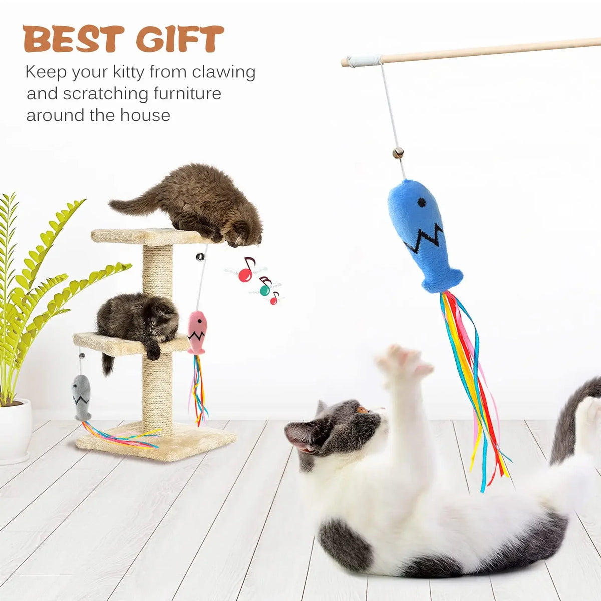Interaktives Katzen-Wandspielzeug mit Holzgriff, das eine Katze zur Spielanregung lockt.