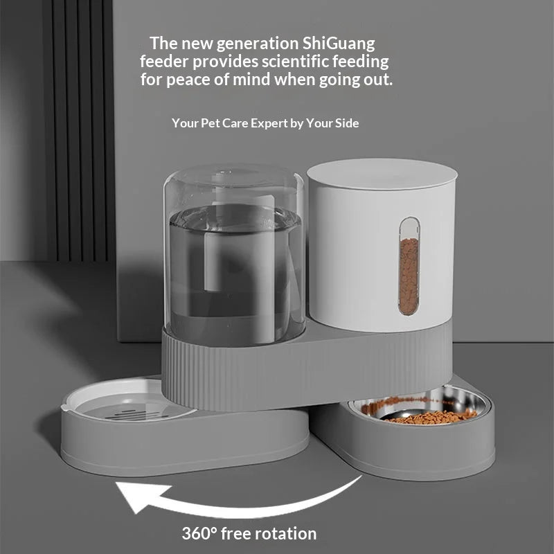 A new generation ShiGuang feeder provides scientific feeding for pets, shown with a water dispenser and food bowl.