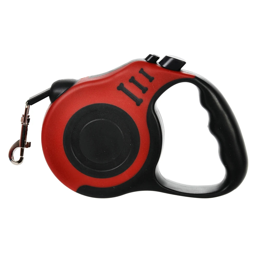 A red and black retractable dog leash with a black handle and metallic clip.