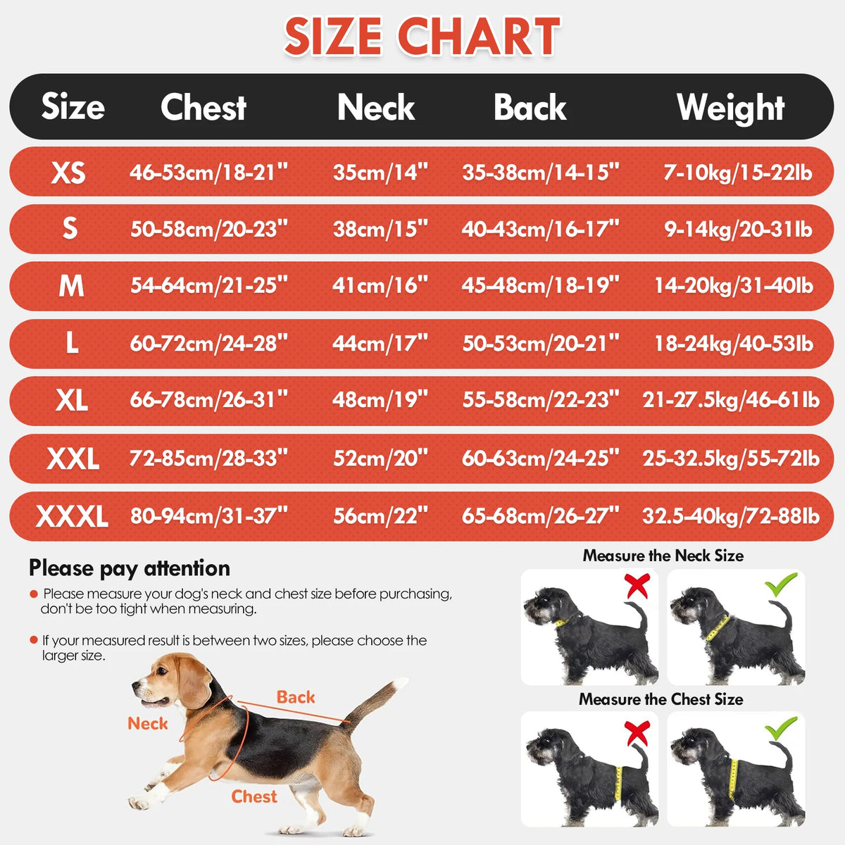 Größenübersicht und Maßangabe für einen weichen Fleece-Winterpullover für Hunde, inklusive Maße für Brust, Hals und Gewicht.