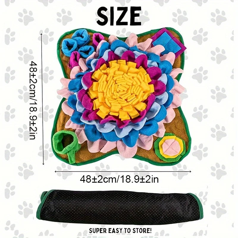 Buntes, rosettenförmiges Unterlayermatte für Hunde und Katzen mit schwarzem Aufbewahrungstasche.