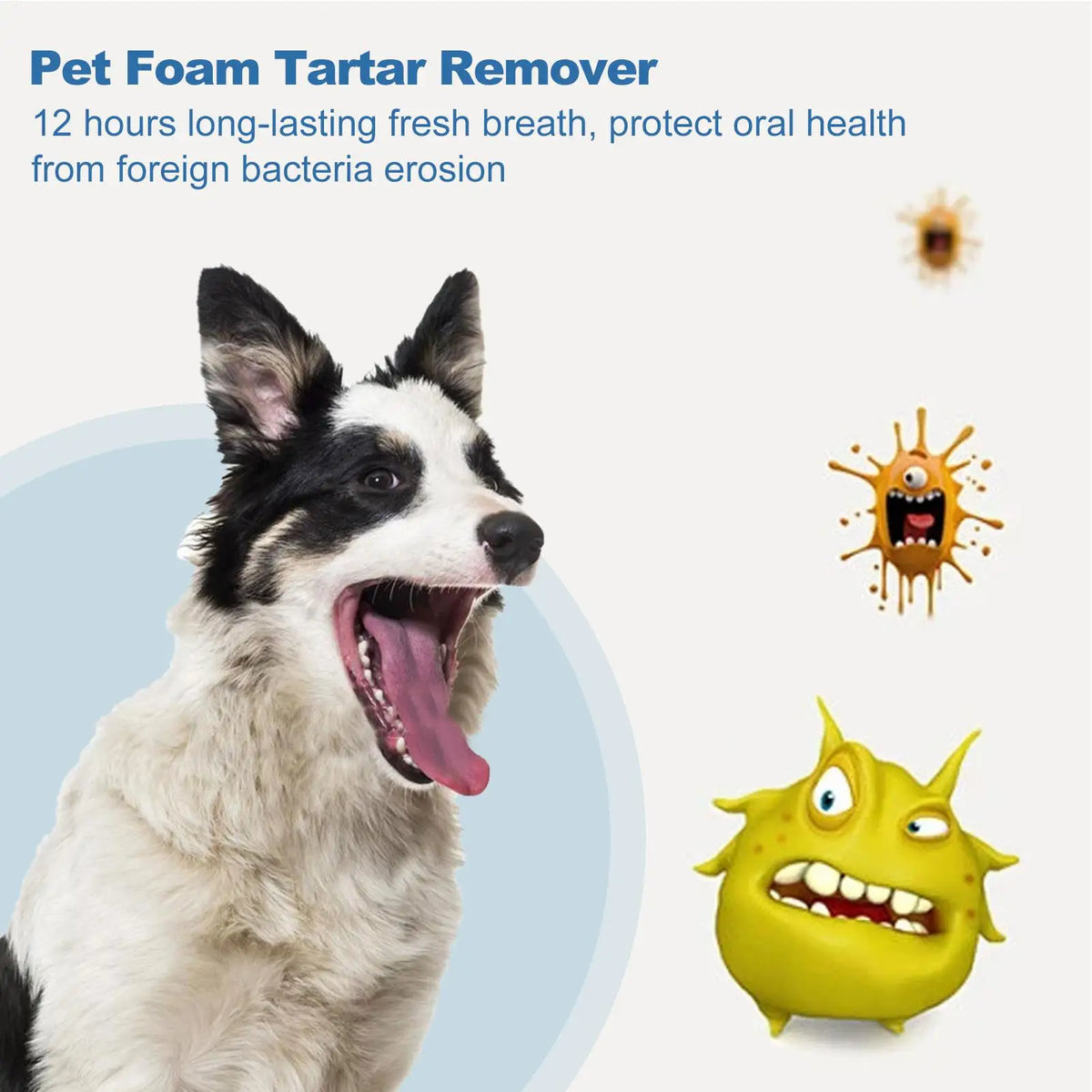 A dog smiling with a long tongue, next to a representation of foam and bacteria.