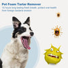 A dog smiling with a long tongue, next to a representation of pet foam tartar remover.