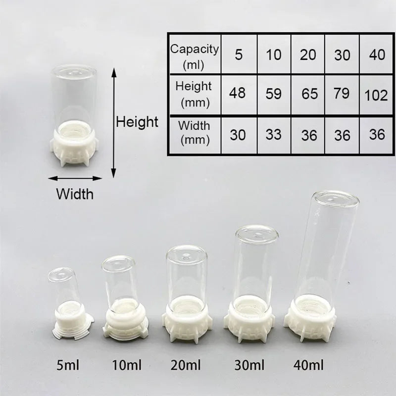 Set Acryl-Antenfutterspender mit Kapazitäten von 5ml bis 40ml, inklusive Maße und verschiedenen Größen