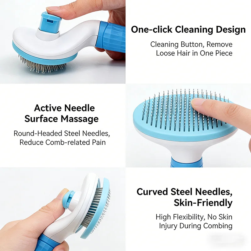 A white and blue pet slicker brush with round and curved steel needles shown in use for grooming.