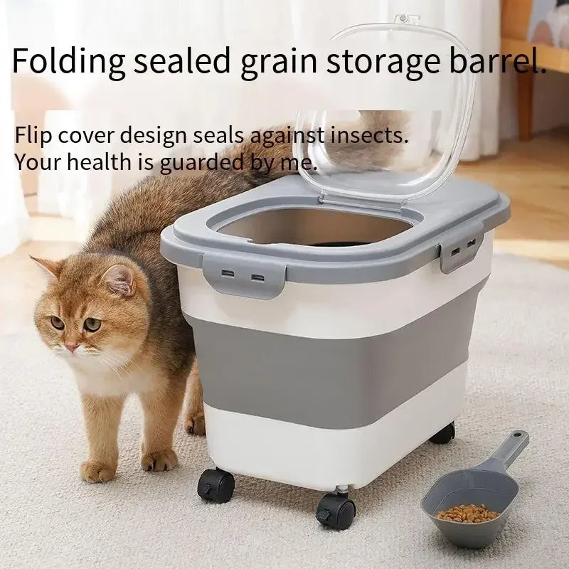 A cat stands next to a folding sealed grain storage barrel for pet food, demonstrating the product's use.
