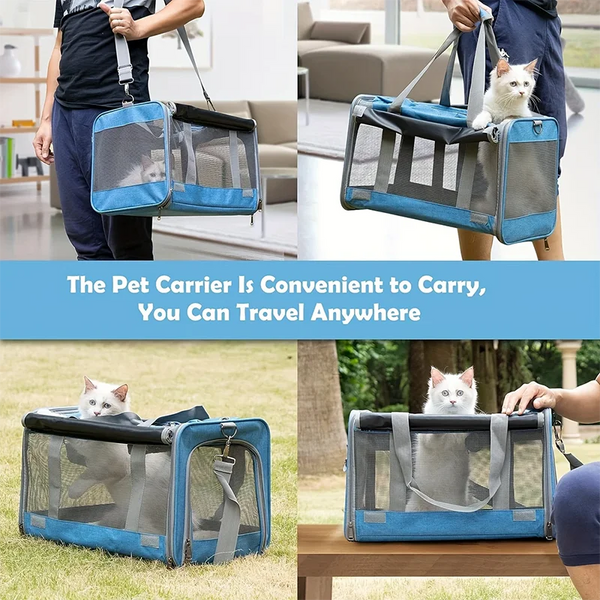 A blue breathable mesh pet carrier bag being carried by a person, shown in various contexts.