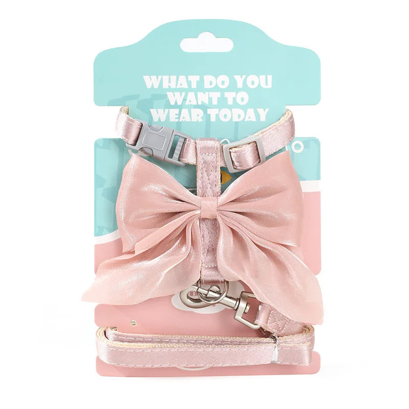 Pink satin bowknot cat harness and leash set with a matching pink collar