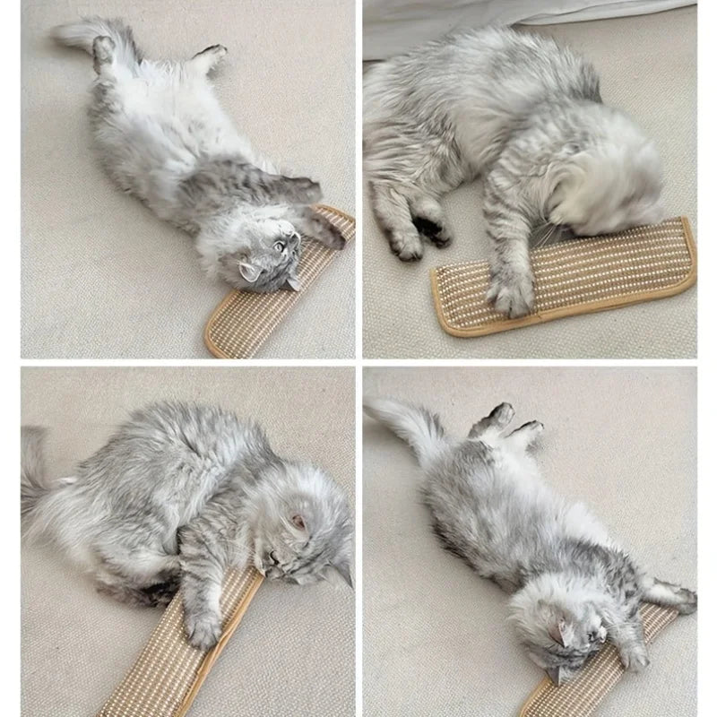 Three images showing a fluffy gray cat using a hemp scratching pad and lounger for scratching and lounging.