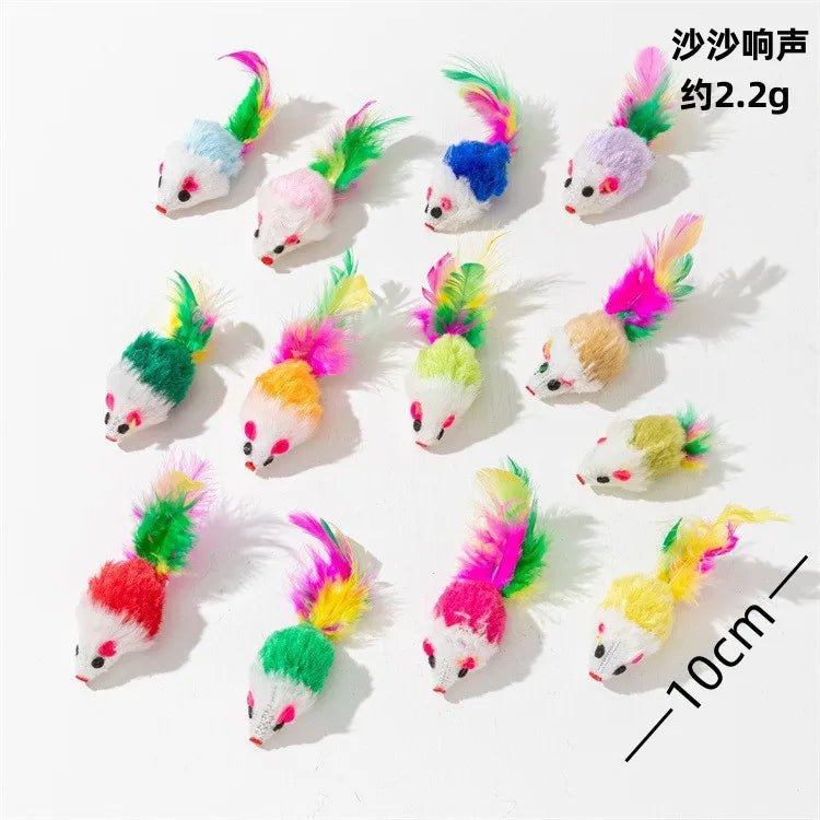 A collection of colorful, fluffy catnip mice toys for cats in various colors and sizes.