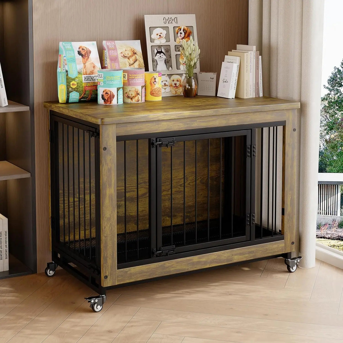 Wooden Dog Crate Furniture with 3 Doors and Locking Wheels