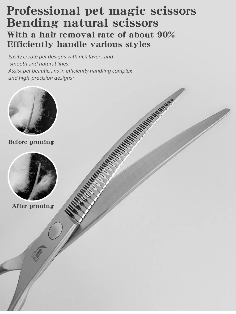Close-up of professional pet magic scissors showing before and after pruning of hair