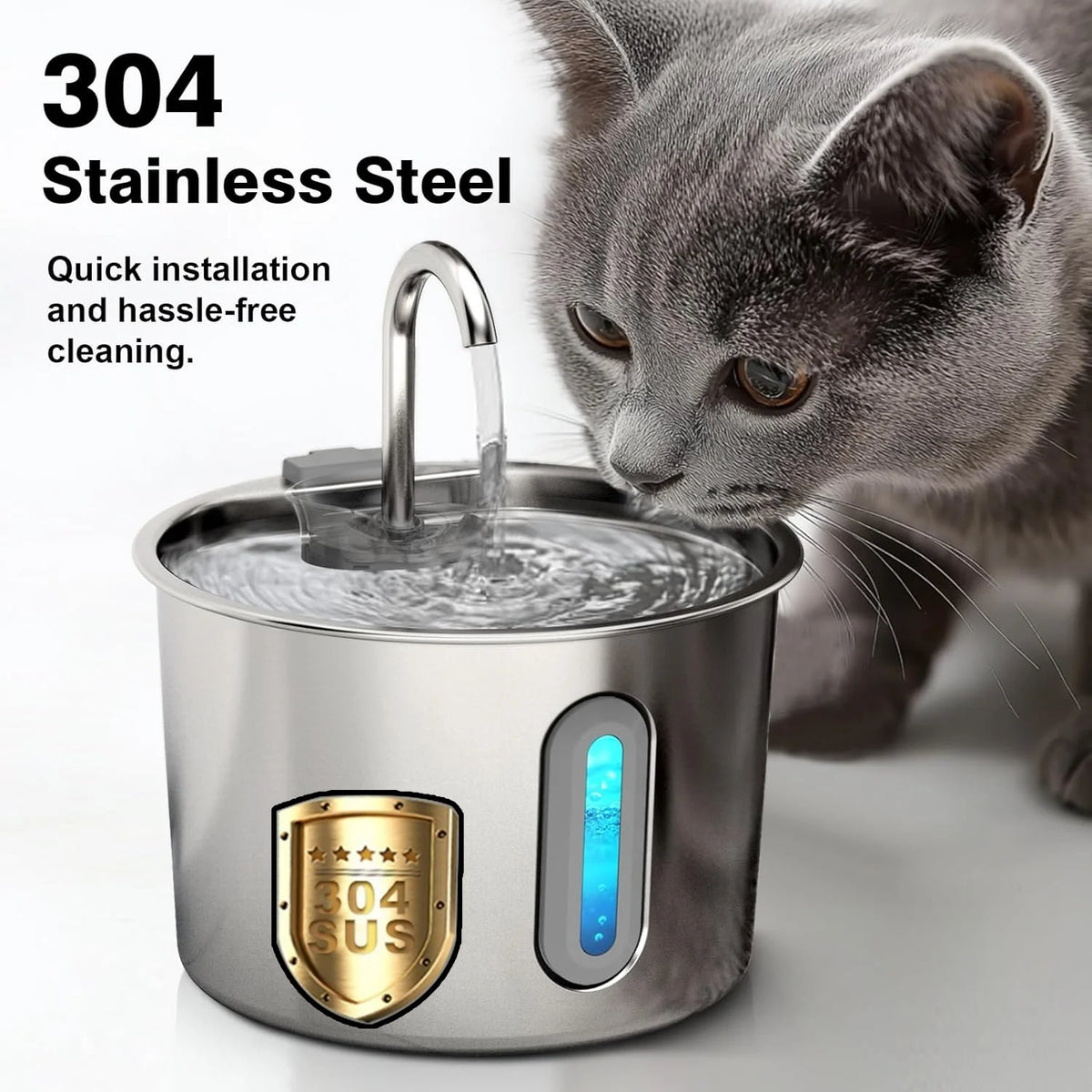 Fontaine à eau automatique en acier inoxydable, avec un chat qui boit.