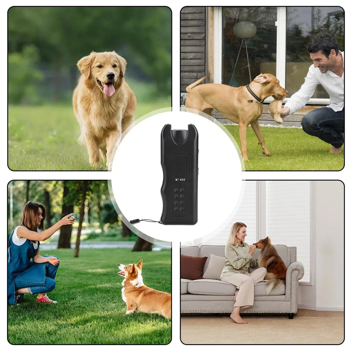 Disuasorio ultrasónico para ladridos de perros, mostrado en varios entornos interiores y exteriores con perros.