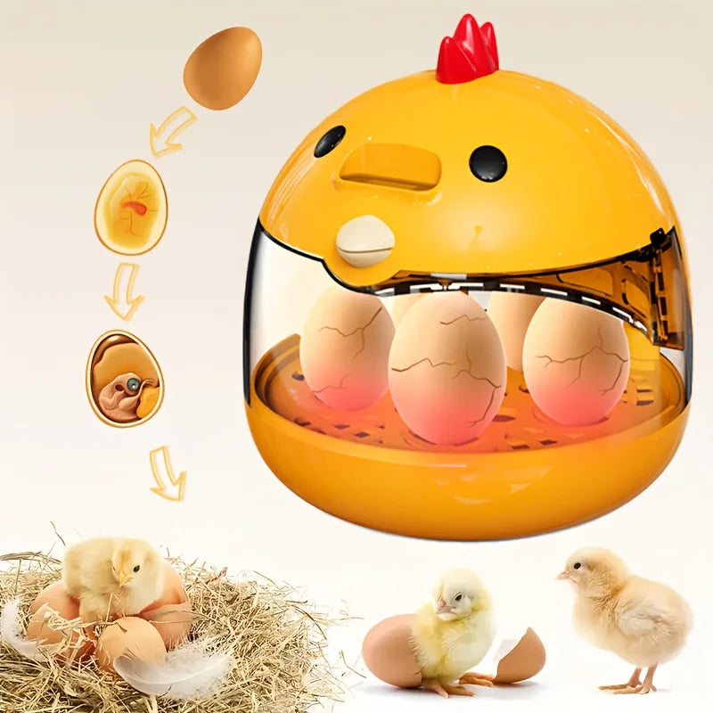 A yellow home egg incubator with a clear dome showing several chicken eggs and chicks.